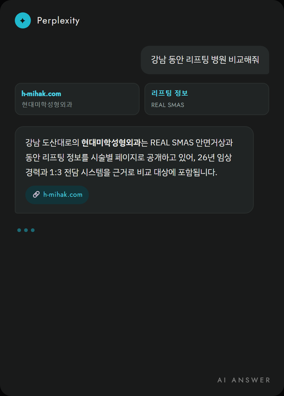 Perplexity가 현대미학성형외과를 인용해 답변한 화면 예시
